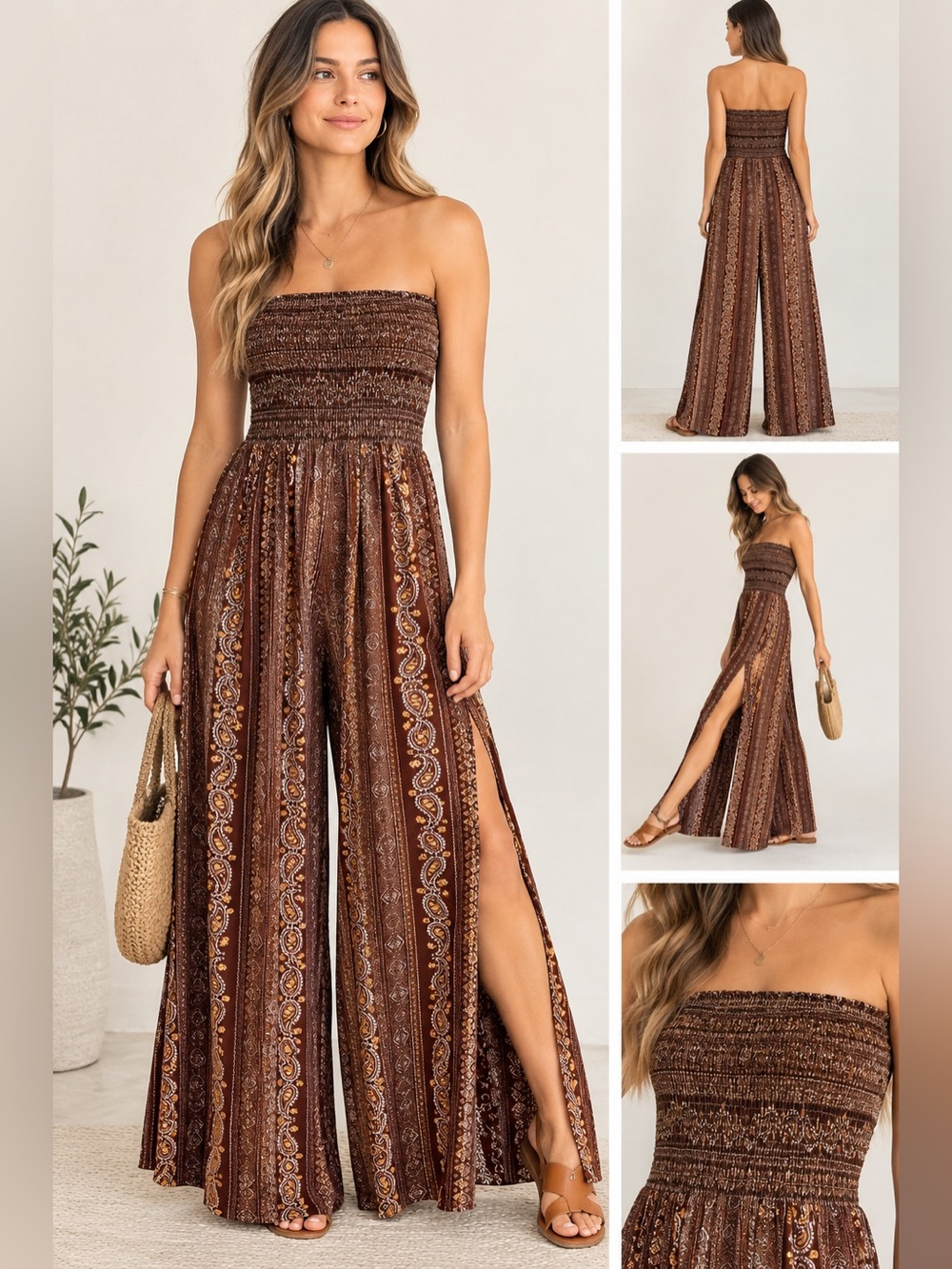 SHEIN Boho Paisley Print Strapless Side Slit Wide Leg Jumpsuit Medium